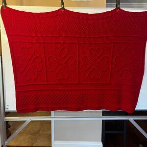 Vtg Crochet Red Afghan Blanket 64 x 46" Hearts / 4 leaf Clover Throw Lodge Cabin